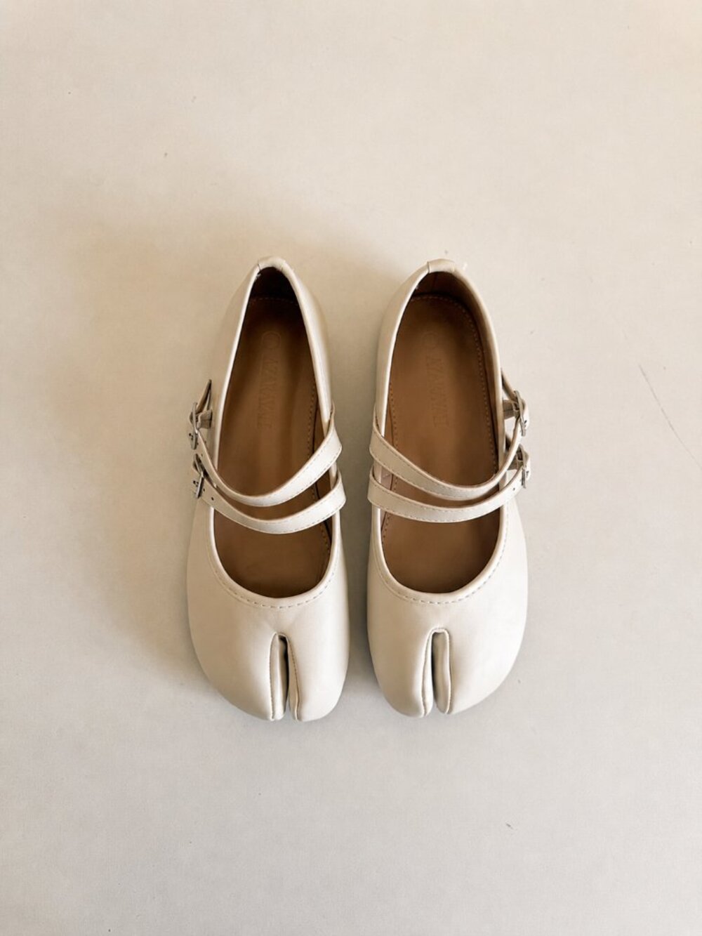 Tabi Split Tow Cream Split-Toe Mary Jane Flats with Double Buckle - Picture 3 of 6